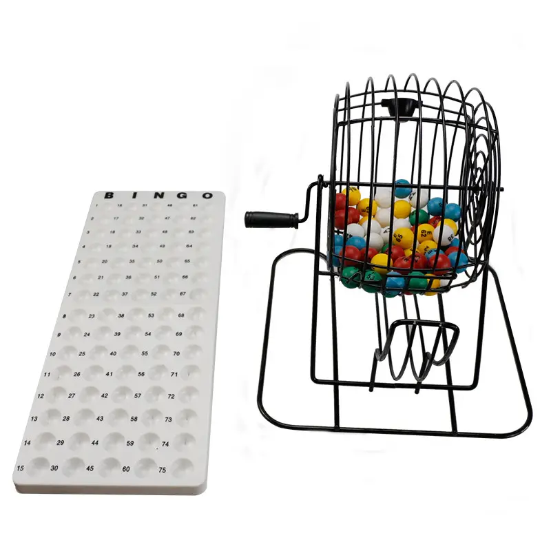 Conjunto de bingo de madeira, conjunto de luxo com gaiola de metal com placa para chamadas 75 bolas coloridas 200 chips de bingo & 18 cartões de bingo