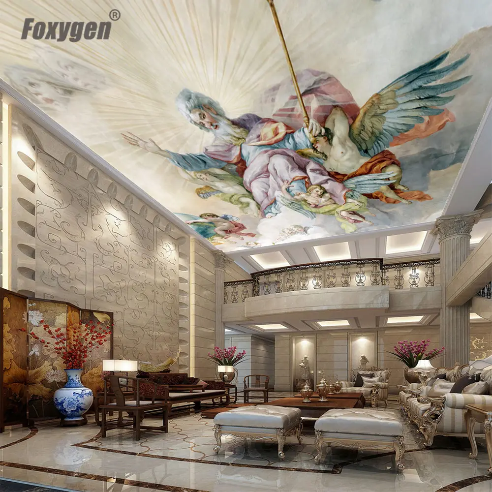 Pvc เพดานยืดฟิล์มจีนการพิมพ์ดิจิตอล Church art ceiling designs ราคาบ้านตกแต่ง