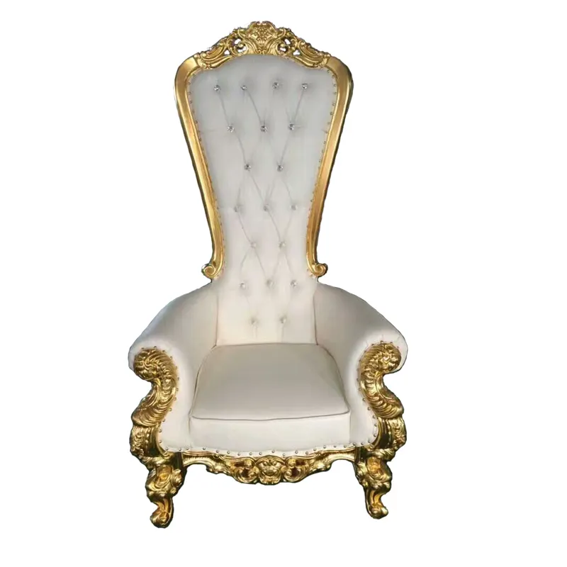 โรงแรมเฟอร์นิเจอร์ไม้หรูหราแกะสลักฝรั่งเศสบาร็อคสีขาวทองสูงกลับราคาถูกหนัง Queen King บัลลังก์เก้าอี้แต่งงาน