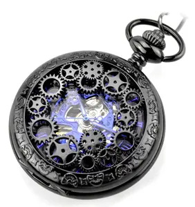 Fashion Retrp Biru Analog Hollow Case Skeleton Pria Mekanis Jam Saku Paduan Liontin Rantai Steampunk Tangan Berliku Jam