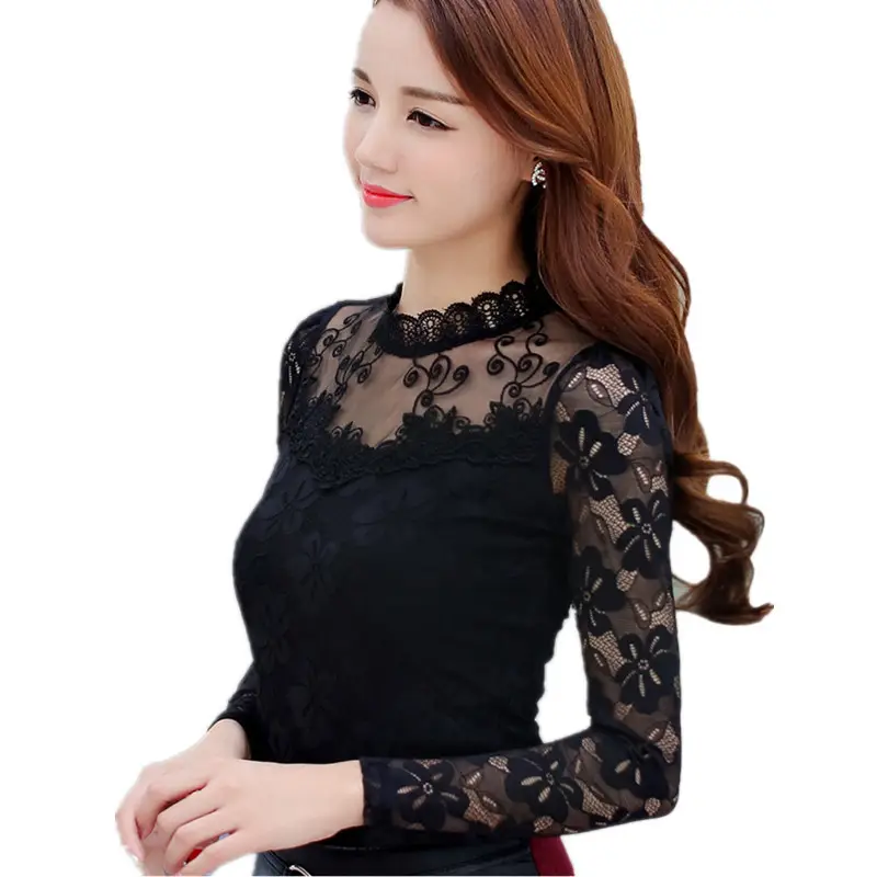 2023 Women Spring Autumn Fashion Shirt Sexy Slim O-Neck White Lace Long Sleeve Tops Blouse