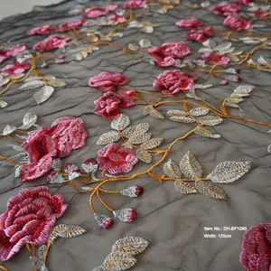 54 inches width new fancy colored 3D embroidery flower fabric polyester flower design lace fabric for dresses DHBF1090