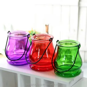 Promotional clear hanging candle lamp / glass lantern with metal handle / portable candle jar