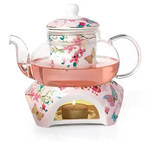 Modern good selling fine romantic floral teapot with glass teapot and warmer filter teapot