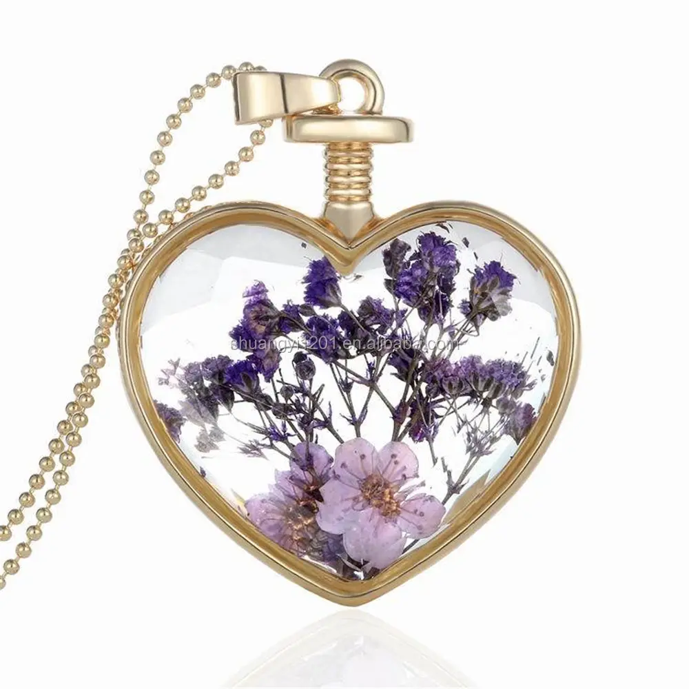 Memory Jewelry Wholesale Purple Dry Flower Glass Heart Locket Pendant Necklaces In Long Bead Chain