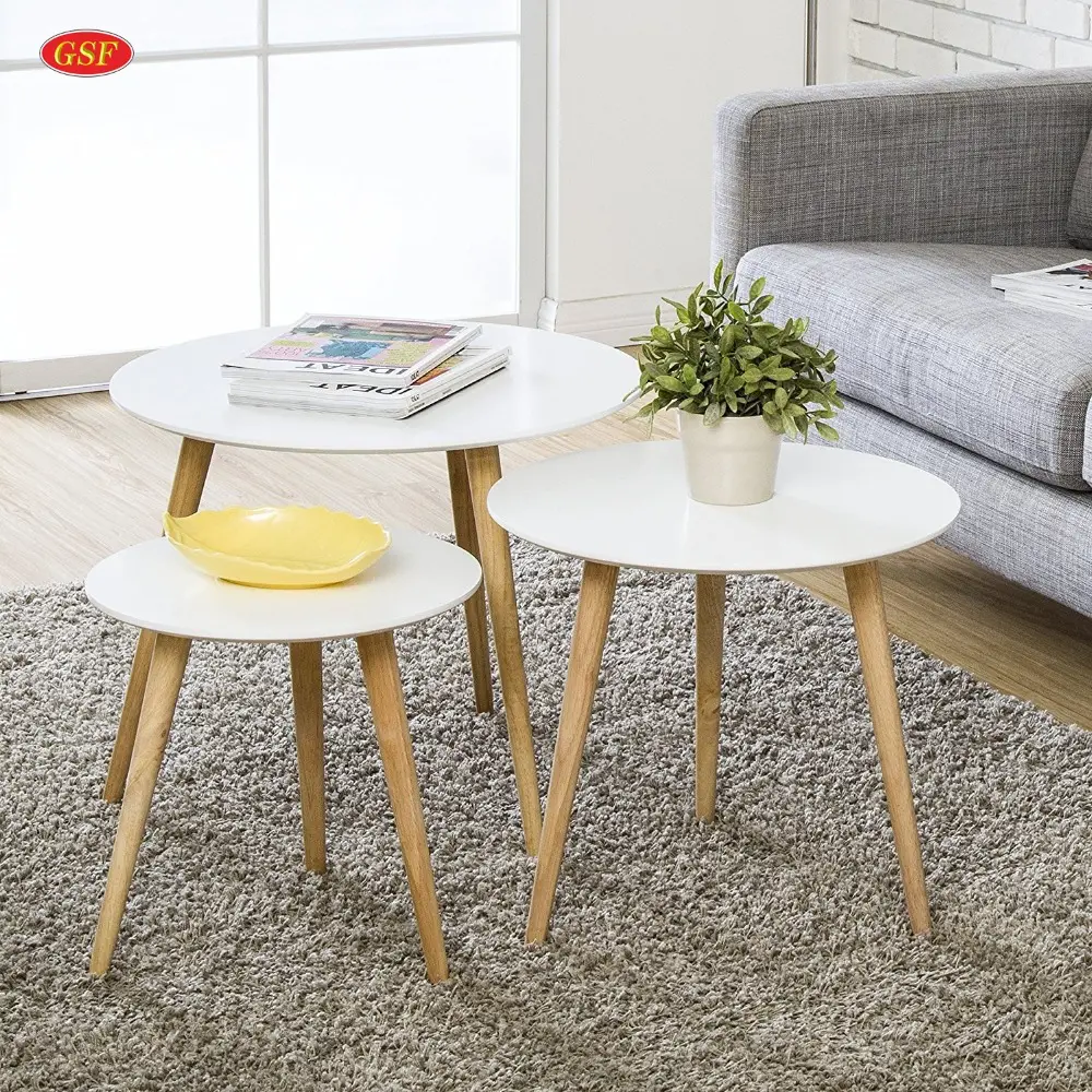 Mesa de café de madeira com brilho branco, oferta especial de mesa de café redonda vidro sólido com três pernas