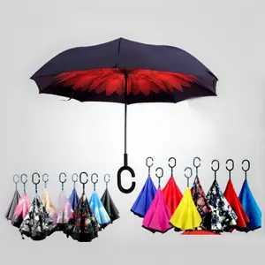 Windproof 역방향 접는 더블 레이어 거꾸로 우산 여성 자기 스탠드 비 보호 C-후크 손 자동차