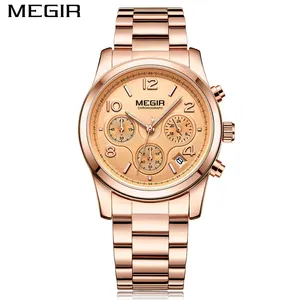 Megir 2057L Women Chronograph Quartz Watch with Gold Stainless Steel Bracelete 24 Hours Calendar Display Ladies Wristwatch