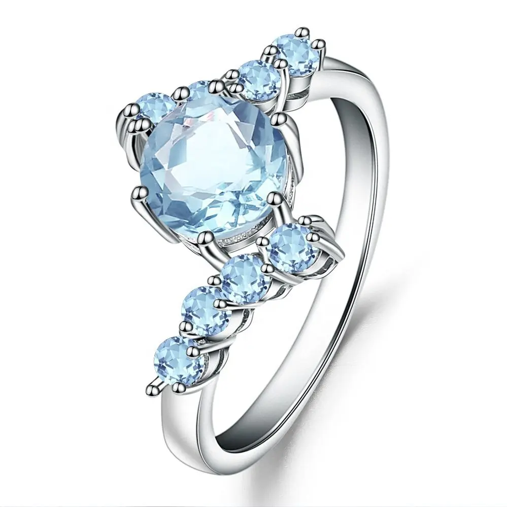 A2024 Abiding Fashion Round Natural Sky Blue Topaz Gemstone Ring 925 Silver Ring for Women Engagement Rings Jewelry
