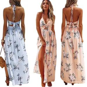 Kadın seksi derin V boyun Halter Backless Casual Hollow Out çiçek baskı bölünmüş yaz Maxi parti uzun elbise