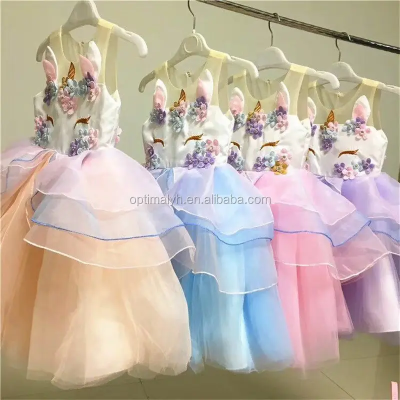 MOQ 패션 소녀 유니콘 드레스 아이 여름 얇은 명주 그물 드레스