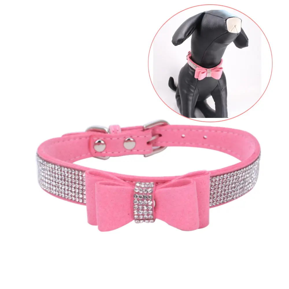 Coleira para cachorro, coleira de couro de luxo com strass e laço para pets