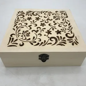 Wooden craft gift box with laser engraving on top storage box unfinished with lock catch