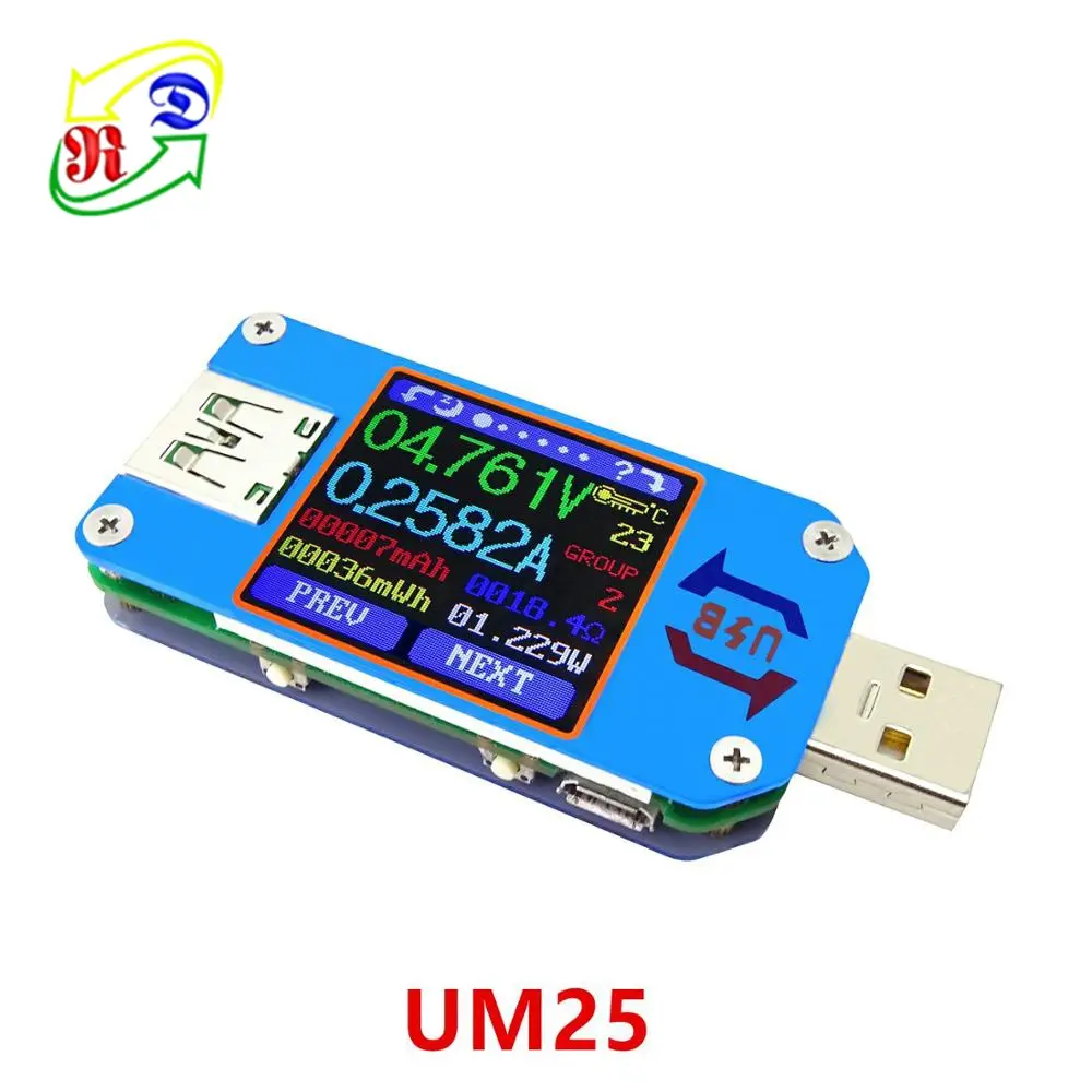 RD UM25 Tip-c USB-A 2.0 Renkli Ekran Voltmetre ampermetre kablo direnci şarj güç banka USB gerilim akım test cihazı