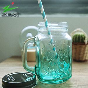 16Oz <span class=keywords><strong>Glass</strong></span> Mason <span class=keywords><strong>Jar</strong></span> Mug Với Xử Lý Và Rơm Cho Nước Đá Lạnh - Product Image 2