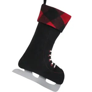 黑色滑冰领带装饰设计格子面料袖口圣诞袜子