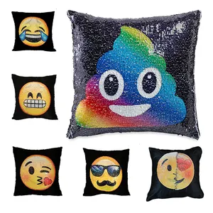 Sequin cocô emoji travesseiro capa de almofada reversível mudando rosto fronha emoji