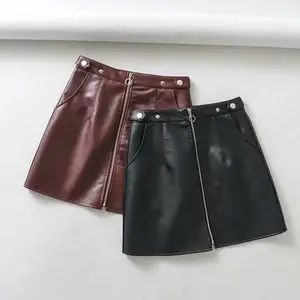 Wholesale good quality zipper front solid color women short mini pu leather skirt