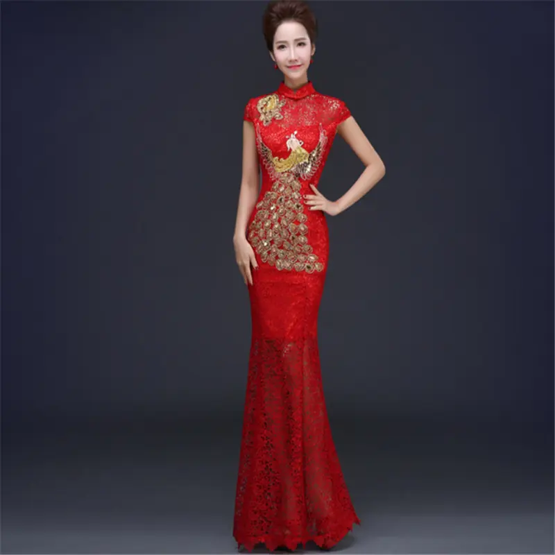 fashion Chinese ladies elegant evening party sequin embroidered peacock fish tail wedding lace cheongsam qipao dress