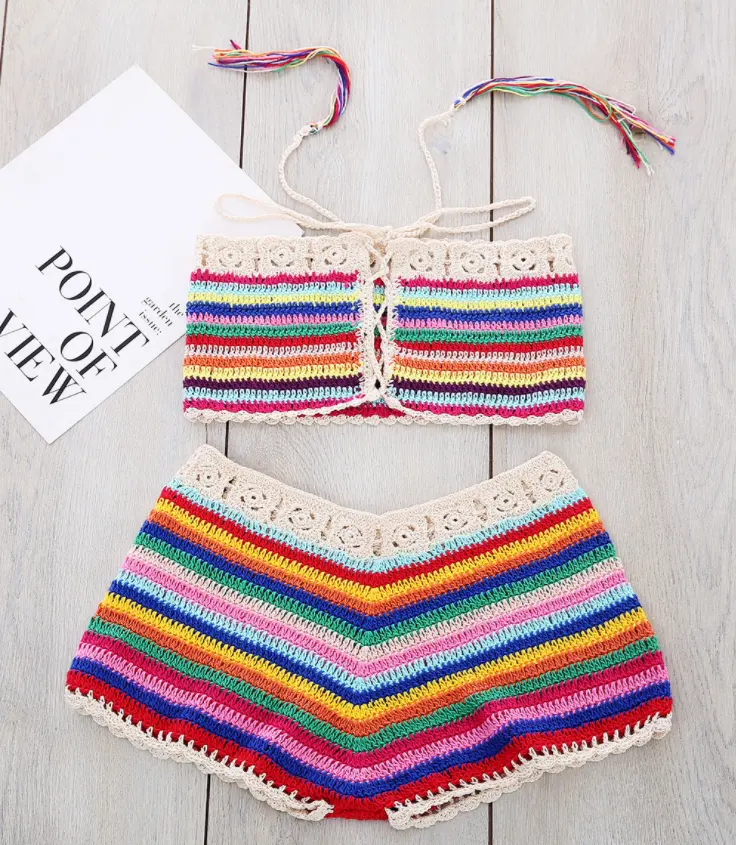 Fashion crochet bikini summer set in rainbow colors bandage swimwear