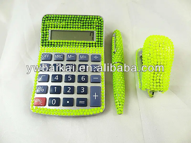 Bling cristal verde calculadoras, caneta e grampeador set
