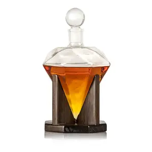 1000ml 33oz Hand Made Alcohol Vodka Bourbon Rum Wine Tequila Glass Diamond Whiskey Bottle with Wooden Base Stand