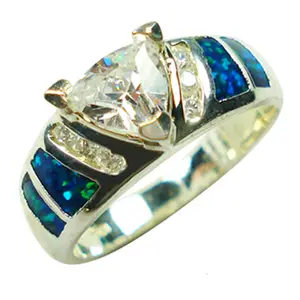 Fashion Sterling Silver Ring Mexican Opal With White CZ Jewelry Blue Fire Opal Party Ring