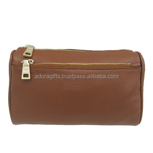 ADORA Genuine Leather Luxury Cosmetic <b>Bag</b>-High Quality Durable Double Zippered Bulk Brown - Product Image 1