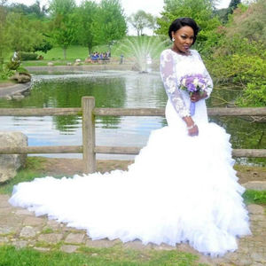 NE294 Lace Ruffles African Mermaid Wedding Dresses Sheer Long Sleeve Tiers Plus Size Fitted 2022 Bridal Gown Train Bride Dress