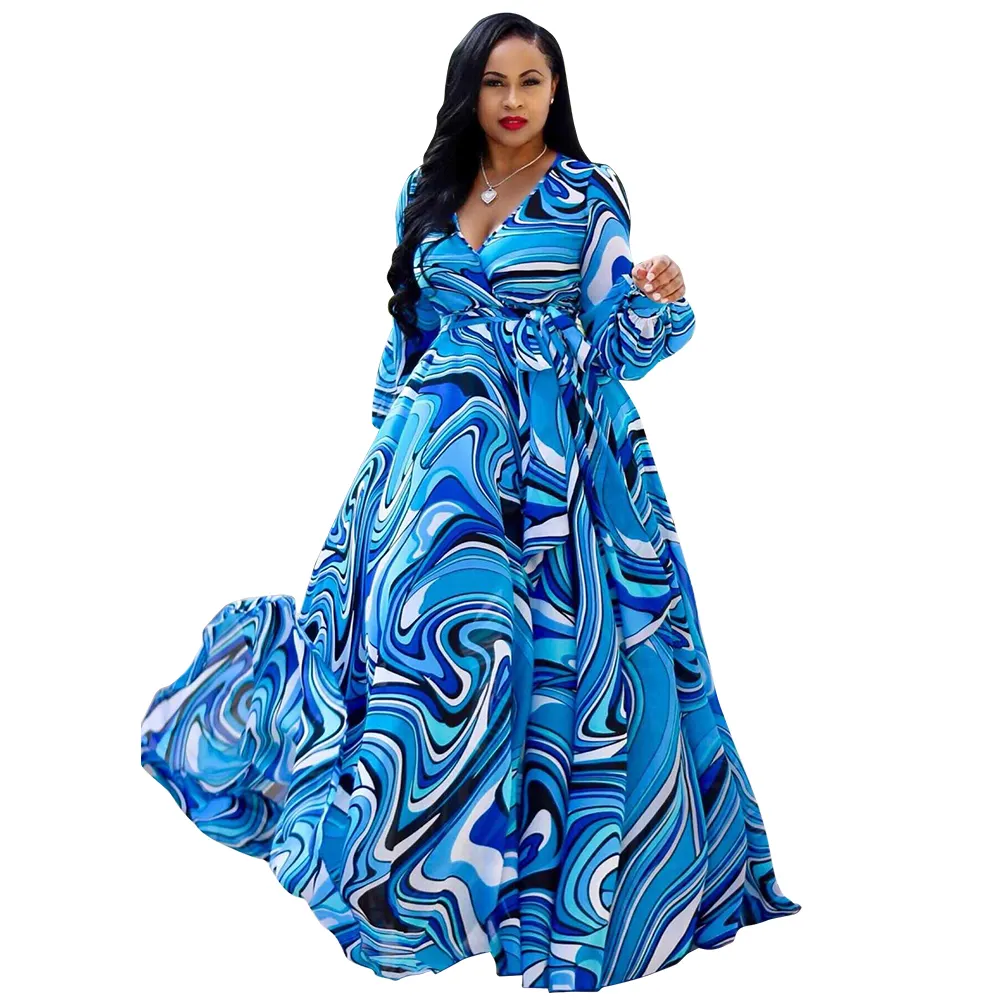 Kadın elbise çiçek şifon uzun kollu Wrap kadınlar Boho Maxi elbise