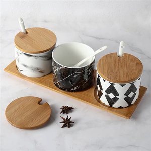 Salt Sugar Spice Pepper Ceramic Marble <strong>Canister</strong> <strong>Set</strong> <strong>of</strong> 3 with Ceramic Spoon &amp; Wooden Lid - Product Image 2