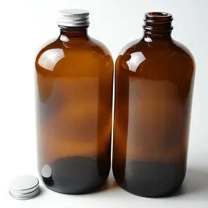 Factory Price 250 ml 500 ml 1000 ml Amber Juice Round Shape Boston Glass Bottles With Aluminum Lids