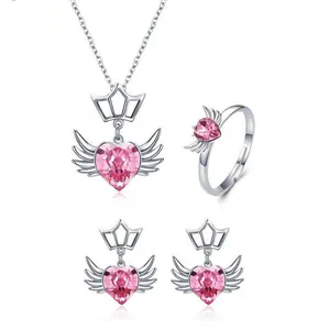 Hot Sale 925 Sterling Silver Dream Wings with Pink Cubic Zirconia Earrings Pendant Necklace Rings Jewelry Set for Women