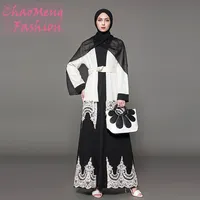 1566 # manica lunga elegante Del Merletto Del Ricamo di Estate in bianco e nero aperto abaya modesto modo di per le donne