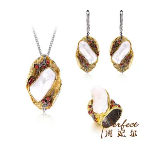 Customer Satisfaction Sliver Gold Plated Red Zircon Retro Pearl Jewelry Set