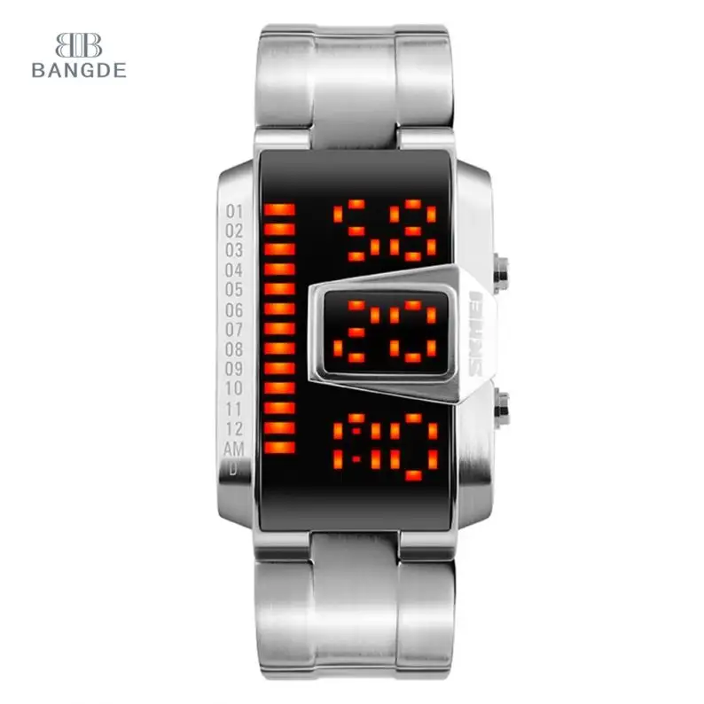 Square Face Binary Wrist Watch Stainless Steel Back Water Resistant Digital Led Sports Watch Module Skmei Instructions