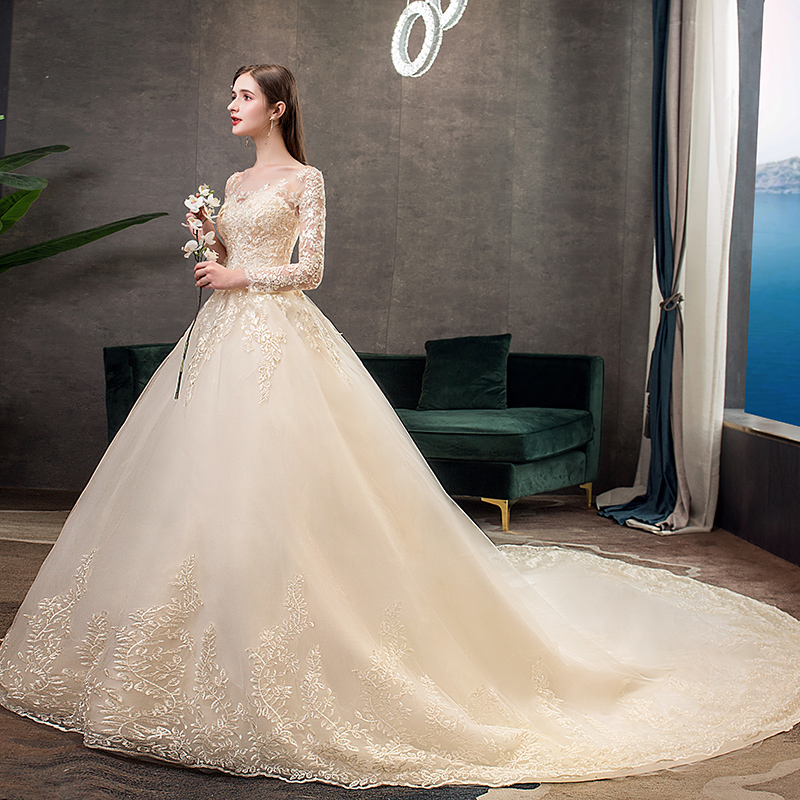 100% Real Photo Quality Charming Long Sleeve Champagne Lace Wedding Dresses  With Long Train| Alibaba.com