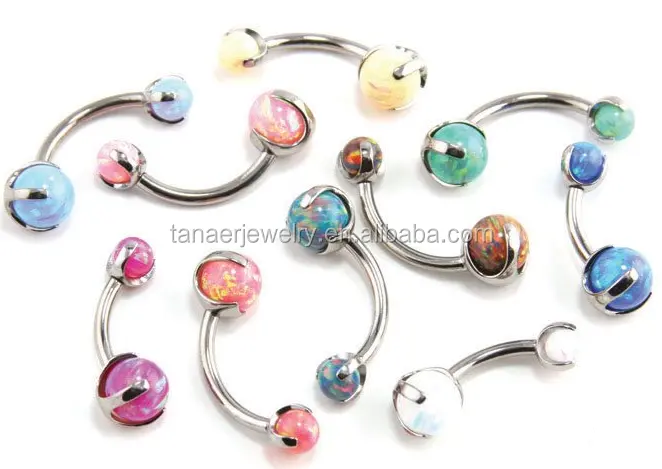 Prong Set Gem Curved opal Barbells double opal belly button ring