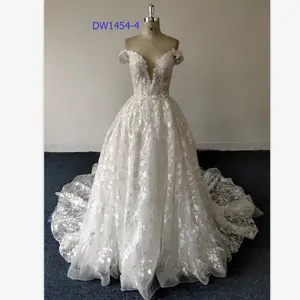 DW1454-4 Luxury A-Line deep v-neck sexy off-shoulder flower lace with long train wedding dress