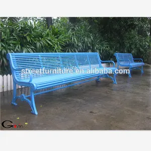 Powder coated sky blue metal 2700mm long backed outdoor garden bench chair with cast iron bench legs