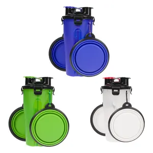 Groothandel fabrikant 2 in 1 draagbare reizen dispenser carrier hond water fles met twee silicone inklapbare bowls