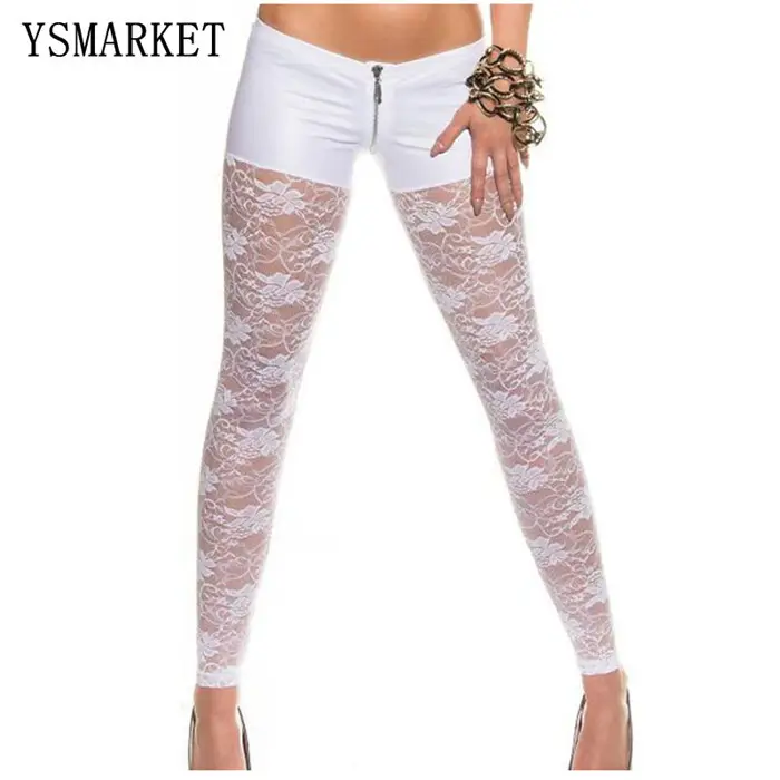 Women Low Waist Sexy Transparent Lace Pu Leggings Slim Fitness Pants Casual Hollow Out Female Pants Night Club Wear E7988