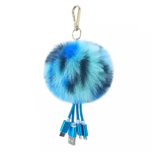 Wholesale Pompom Usb Keychain Fur Ball Custom Keychains for Hanging Bags with Custom Keyring Usb