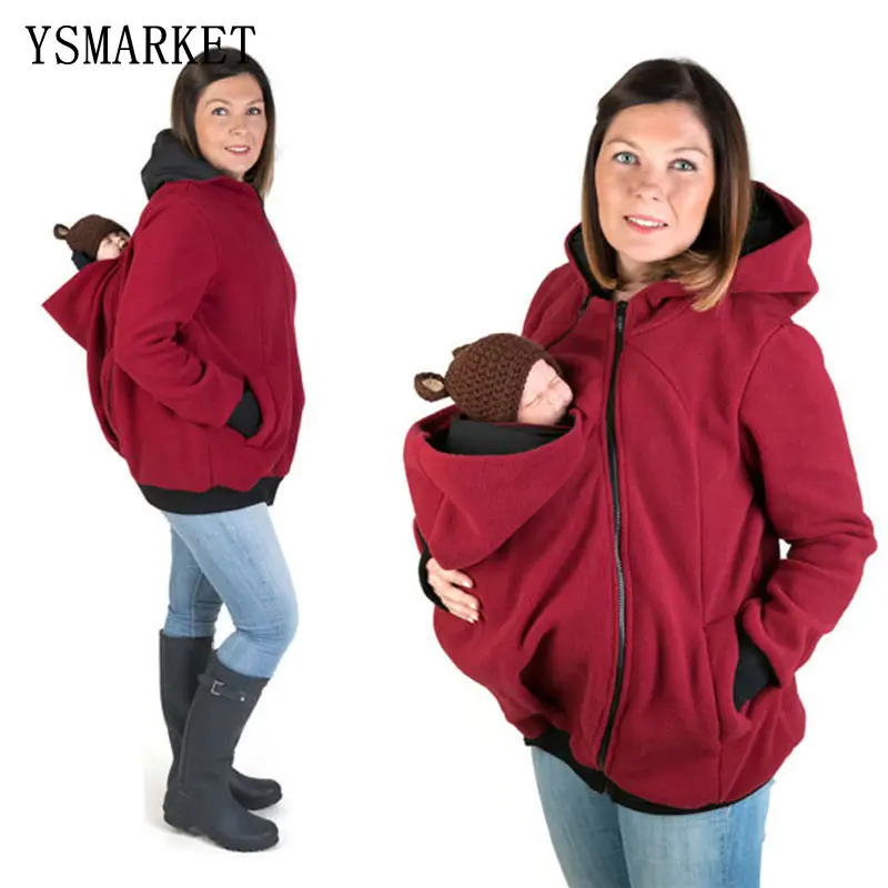 Sudadera con capucha de lana cálida de maternidad sudaderas canguro con portabebés mujeres embarazadas abrigo de invierno con cremallera chaqueta gruesa con capucha de lana