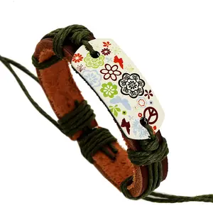 Multilayer Charm Unisex ID Bracelets Cuff Bangle Heat Press Color Flower Peace Pattern Genuine Leather Bracelet Wrist Band