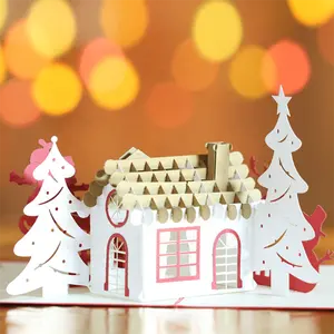 Carte de vœux 3D en papier, 50 pièces, cadeau d'affaires fait à la main, maison de noël, vierge