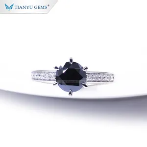 天宇宝石定制合成圆形切割1. 25ct黑色莫桑石钻石戒指白金