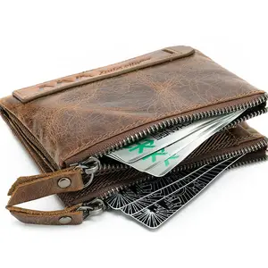 Factory Drop Shipping OEM ODM Vintage Leather Men Slim Luxury Bifold Zip Wallet Button 9050