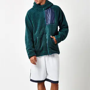 Custom OEM Soft Sherpa jacket hoodie Contrast zip pocket on chest Zipper front stylish mens hoodies