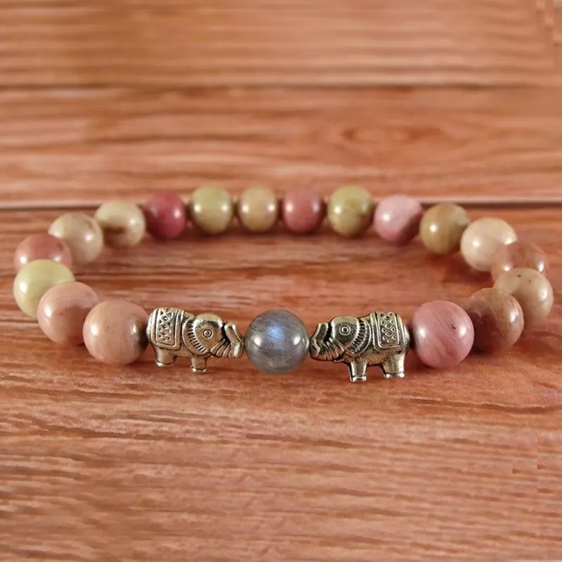 SN1671 gioielli di meditazione curativa Yoga regalo 8mm Rhodonite perle di Mala braccialetto di fascino dell'elefante